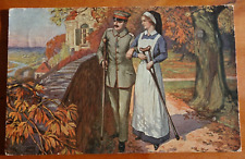 injured soldier on crutches strolls with nurse outside art WW1 1917 feldpost picture