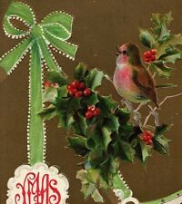 c1908 Xmas Greetings House Postcard Bird Holly Berries Gold Back Round Ribbon picture