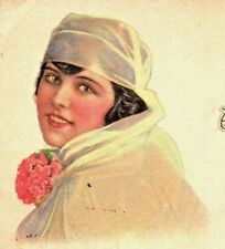C.1920s Christmas. Lovely Lady. Woman Wearing Rose. To Caroline Lutz. VTG Card picture