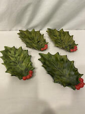 Vtg Christmas Holly Berries Berry Leaves Leaf Dish Trays Footed Ceramic LOT 4 picture