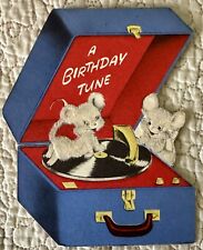 Vintage Birthday Mouse Record Player Mice Flocked Die Cut Greeting Card 1950s picture