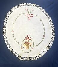 Antique 20s Linen DresserScarf Runner Panel Embroidered Flower Basket Lace Trim picture