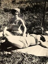 1950s Young Two Cute Women Bikini Sunbathing Listening Tape recorder Beach Photo picture