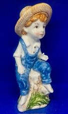 Vintage Young Famer Boy Straw Hat Blue Overalls Sitting Stump Porcelain Figurine picture