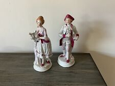 Vintage Dresden Style Figurines Man And Woman Pink And White 9” Tall picture