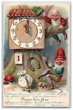 1905 Happy New Year Elves Gnomes Ringing Clock Horseshoe Mushroom Postcard picture