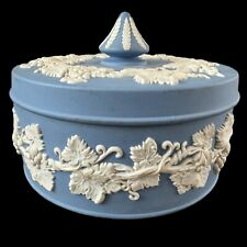 Vintage WEDGWOOD Ceramic Blue Jasperware Round Pot Lid Grape Vine Dish England picture