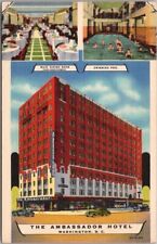 1936 Washington DC Linen Postcard THE AMBASSADOR HOTEL Pool & Dining Room Views picture