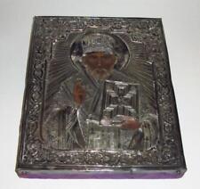 Vintage Russian Orthodox Icon, St. Nicholas Wonderworker, Silver & Wood, 7