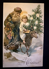 Blue Robe Old World Santa Claus with Angel~Tree~Lamb~Antique Xmas Postcard~h750 picture