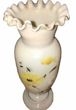 Antique Ruffled Hand Painted Hand Blown Rare Yellow Floral Print Glass Vase picture