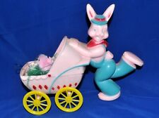 VTG 1950'S LARGE ROSBRO EASTER CANDY CONTAINER RUNNING BUNNY W BABY CARRIAGE picture