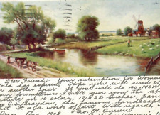Vintage Postcard Greetings Friendship Farm Cows Windmill Stream River Bridge picture