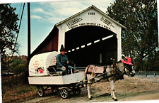Parke County Covered Bridge & Donkey-Drawn Wagon Mecca IN Postcard Vintage picture