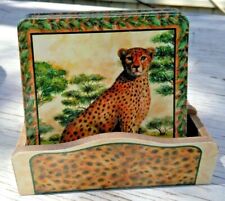 4 AFRICAN SAFARI Coasters w Holder - ZEBRAS & LEOPARDS African Animals Beautiful picture