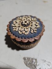 Vintage Trinket Box Cork Carved Wood Layers Flowers Design Round Russia 2.25