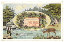 Greetings From The Pine Tree State, Maine c1920's fishing, camping, deer picture