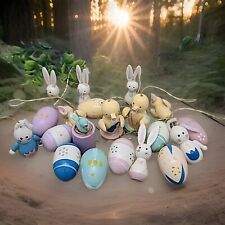 20 Vintage Miniature Easter Holiday Ornaments Painted Wooden Bunnys Ducks Eggs picture