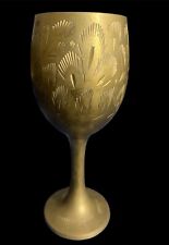 Vintage Handmade Hammered Etched Brass Small Goblet Chalice Cup w/ Leaf Pattern picture
