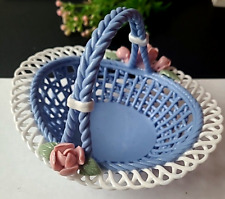 Vintage Woven Porcelain Small Blue Basket Trinket Dish 4.75