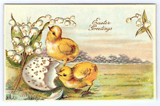 Postcard Easter Greetings Gold Embossed Lettering Chicks picture