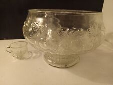 Vintage Jeannette Glass Crystal Fruit Design Punch Bowl Set no hooks 12 cups picture
