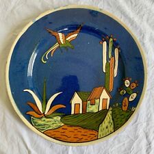 Vintage 1940s Mexican Tlaquepaque Blue Plate Handpainted Folk Art Pottery 11