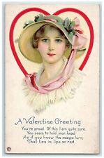 c1910's Valentine Greetings Pretty Woman Big Hat Flowers Embossed Postcard picture