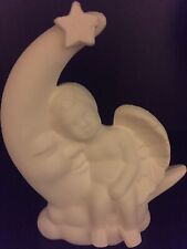 Ceramic Bisque Angel figurine sitting on the moon white 5”T X 3.5” X 1.5” picture