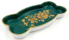 VTG Gloria Porcelain West Germany Vanity Dish Emerald Green Gold Roses 4.5