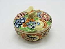 Vintage Majolica Trinket Box Floral w/ Butterfly Handle Dresser Dish w/Lid Japan picture
