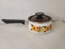 Enamel Sauce Pot Pan Orange/Brown Flowers with Lid Vintage 70s 80s autumn colors picture
