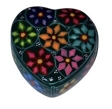 Handmade Folk Art Pottery Mexican Red Ware Trinket Stash Box Heart Colorful 3.5” picture