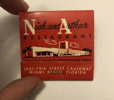 Nick and Arthur Restaurant Vintage Matchbook Miami Beach Florida RED RARE EUC picture
