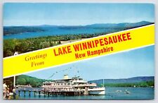 Lake Winnipesaukee NH~Greetings Banner~Mt Washington Ship At Alton Bay~Vtg PC picture