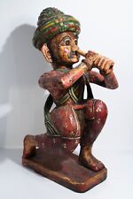 Vintage Wood Carving Painted Figure Music Man Statue India Wood Sculpture Art picture