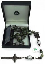 JC Walsh & Sons Irish Dark Green Marble Rosary Beads & Catholic Cross Necklace picture