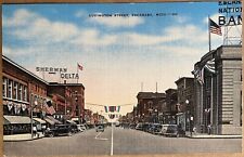 Escanaba Michigan Ludington Main Street Old Cars Flags Postcard c1930 picture