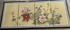Vintage Oriental Peonies and Birds Hand Painted 4 Panel Folding Screen, 14”x 32” picture