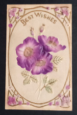 Best Wishes Purple & Gold Airbrushed Embossed Flowers Spring Postcard c1910s picture