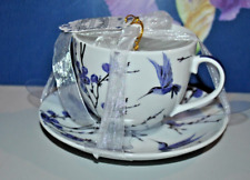 NEW Kent Pottery White And Purple Tea Cup and Saucer Hummingbirds & butterflies picture