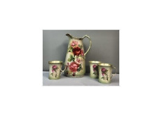 Antique Iridescent Pitcher And 3 Mugs. Pale Green, Pink, Peach. picture