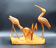 Wooden Shorebird Two Cranes Sculpture Figurine Hand Carved Signed Vintage 6 x 9 picture