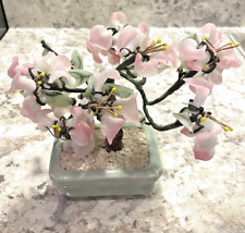 Vintage Asian Jade Glass Flowering Pink Cherry Blossom Bonsai Tree 8