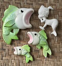 Vtg. Miller Studio Chalkware Green Bass Fish Wall Plaque w Mermaid, Set Of 4 picture