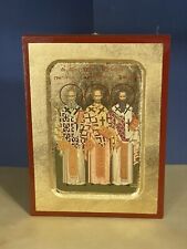 The Three Hierarchs -GREEK RUSSIAN WOODEN ICON, CARVED WITH GOLD LEAVES 6x8 inch picture