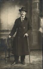 RPPC Edwardian man fashion overcoat fedora cane mustache real photo postcard picture