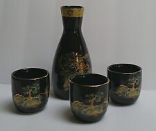 Vintage Hand Painted Japanese Sake Set Black with Gold Trim and Scenery picture