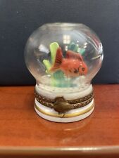 LIMOGES FRANCE BOX - ROCHARD - GOLDFISH IN A GLASS FISH BOWL - CORAL & PEBBLES picture