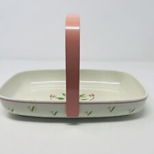 Vintage Teleflora 1985 Ceramic Serving Dish with Handle Pink Floral Print White picture